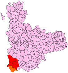 Área de extensión de la ZEPA Tierra de Campiñas. En rojo la zona correspondiente a la provincia de Valladolid, en naranja las zonas de Salamanca y Ávila.Para más detalles pulsar en la figura.