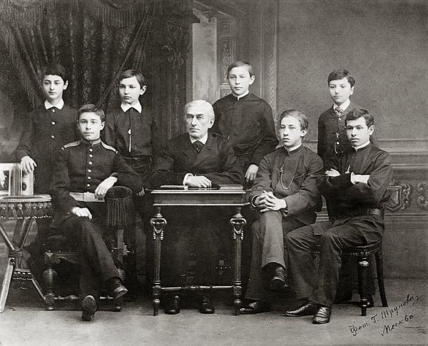 Zverev's students in the late 1880s. Scriabin, with military attire, is second from the left. Rachmaninoff is the fourth from the right.