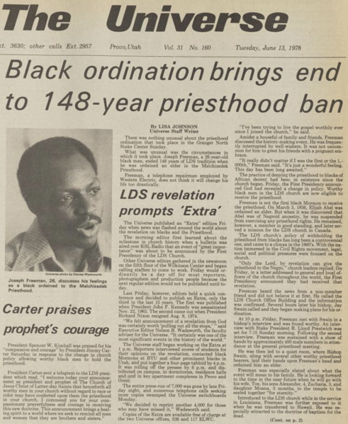 File:"Black Ordination Brings End to 148-year Priesthood Ban", by Lisa Johnson, June 13, 1978.png