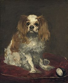 A painting of a small red and white spaniel with long ears