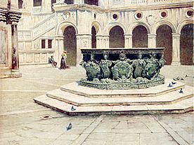 Bronze puteal with bas relief in Venice.