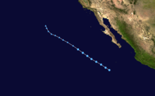 Karte, die die Spur und Intensität von Tropical Depression Eleven-E gemäß der Saffir-Simpson-Skala aufzeichnet