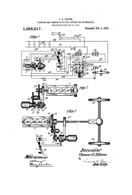 US1255517. Starting and current supplying system for automobiles.