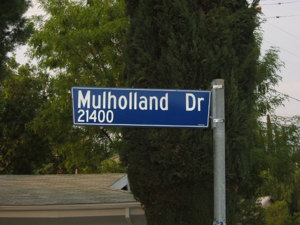 A Mulholland Drive street sign in a residential neighborhood in Woodland Hills.