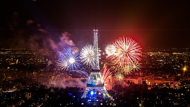 Bastille Day fireworks (2013) over Paris, traditionally accompanied by a musical show that starts with "La Marseillaise"