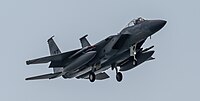 A US Air Force F-15C Eagle, tail number 85-0107, on final approach at Kadena Air Base in Okinawa, Japan. It is assigned to the 44th Fighter Squadron at Kadena AB.