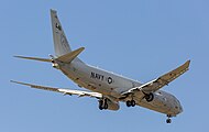 A Boeing P-8 Poseidon, tail number 168761, on final approach at Kadena Air Base in Okinawa, Japan. It is assigned to Patrol Squadron 45 (VP-45) at NAS Jacksonville, Florida, United States.