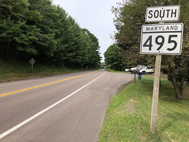 File:2021-08-07 10 00 30 View south along Maryland State Route 495 (Swanton Road) at Swanton Hill Road and Bittinger Road in Swanton, Garrett County, Maryland.jpg