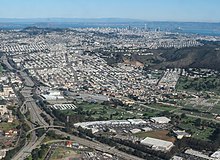 Aerial view of 280 Metro Center (lower center) in Colma, California