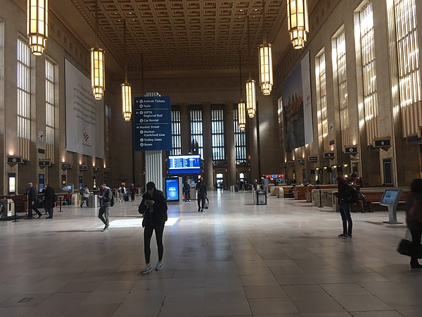 The art déco interior of the grand concourse at the 30th Street Station in Philadelphia