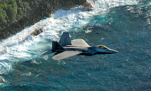 A Lockheed Martin F-22A Block 30 Raptor (05-4107) from the 90th Fighter Squadron flies over Guam for a training mission 15 April 2007. The Raptors deployed from the 3rd Wing at Elmendorf AFB, Alaska, and when deployed to Andersen, are attached to the 36th Operations Group. 36thog-F-22-raptor.jpg