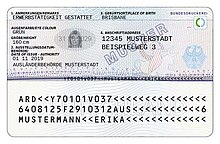 Specimen of the credit-card sized German residence permit (reverse) 3Niederlassungserlaubnis Back.jpg