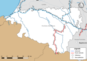 Harta rețelei de drumuri naționale (autostrăzi și drumuri naționale) din departamentul Pirinei-Atlantici