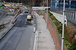 Progress on the sliproad/segregated lane and pedestrian paving of the A63 in Kingston upon Hull.