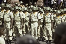 Members of the Liberian National Guard at the inauguration of President William R. Tolbert in 1976 ASC Leiden - F. van der Kraaij Collection - 28 - 34 - The Liberian National Guard - Monrovia, Liberia - Inauguration Day, 5 January 1976.tif