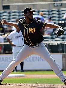 Morris pitching for the New Britain Bees on September 22, 2019, at TD Bank Park AkeelMorrisNBBees2019.jpg