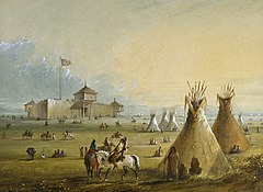 Fort William (nimi, jolla Fort Laramie aluksi tunnettiin) ajalta ennen vuotta 1840. Maalauksen on maalannut ulkomuistista jälkikäteen taiteilija Alfred Jacob Miller