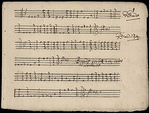 Example of 16th century sheet music and music notation. Excerpt from the manuscript "Muziek voor 4 korige diatonische cister". Archive-ugent-be-D1674182-DD29-11E1-8189-1C588375B242 DS-13.jpg