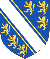 Arms of Bohun: Azure, a bend argent cotised or between six lions rampant or. Arms of the House of de Bohun.svg