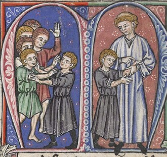 Playmates pinch Baldwin and William of Tyre discovers first symptoms of Baldwin's leprosy, in Estoire d'Eracles, painted in France in the 1250s