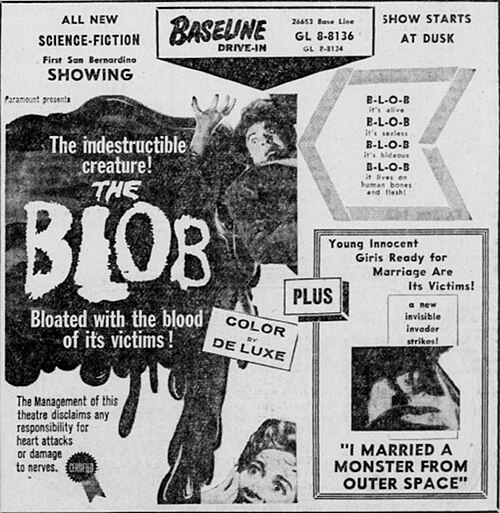 Drive-in advertisement from 1958 for The Blob and co-feature, I Married a Monster from Outer Space.
