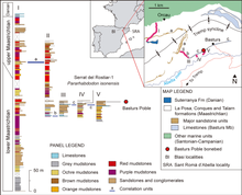 Map of the stratigraphic, geographic, and geologic context of the Basturs Poble bonebed locality Basturs poble context.png