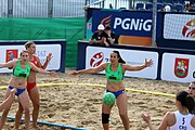 Deutsch: Beachhandball Europameisterschaften 2019 (Beach handball Euro); Tag 4: 5. Juli 2019 – Frauen, Viertelfinale, Kroatien-Ukraine 2:0 (21:20, 21:18) English: Beach handball Euro; Day 4: 5 July 2019 – Quarter Final Women – Croatia-Ukraine 2:0 (21:20, 21:18)