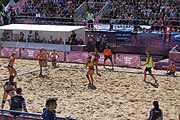 Deutsch: Beachhandball bei den Olympischen Jugendspielen 2018; Tag 3, 10. Oktober 2018; Mädchen, Vorrunde, Gruppe B - Niederlande-Argentinien 2:0 English: Beach handball at the 2018 Summer Youth Olympics at 10 October 2018 – Girls Preliminary Round Group B‎ – Netherlands-Argentina 2:0