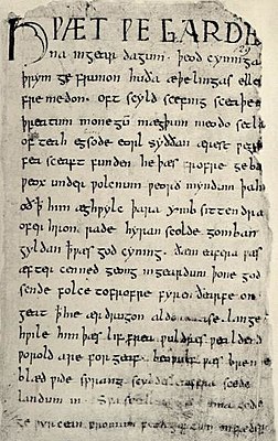 Первая страница рукописи «Беовульфа» (XI век)