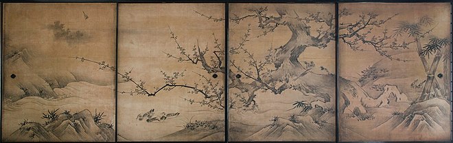 Four from a set of sixteen sliding room partitions (Birds and Flower of the Four Seasons ) made for a 16th-century Japanese abbot. Typically for later Japanese landscapes, the main focus is on a feature in the foreground. Birds and flowers of the four seasons.jpg