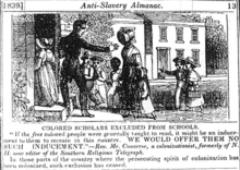 1839 Illustration in the Anti-Slavery Almanac of Black students excluded from school, with quote from Reverend Mr. Converse: "If the free colored people were taught to read, it would be an inducement for them to stay in the country. We would offer them no such inducement." Black students excluded 1839.gif