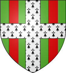 Vert a cross ermine, in each quarter a pale gules (Dinard)