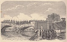 Il ponte sul Ticino durante l'attraversamento dei franco-piemontesi nei prodromi della Battaglia di Magenta.