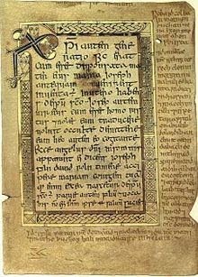 The 10th-century Book of Deer contains the oldest known text from Scotland that contains distincly Scottish Gaelic forms, here seen in the margins of a page from the Gospel of Matthew. BookDeerMattCh1vv18 21Fol05r.jpg