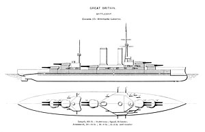 Almirante Latorre was the last South American dreadnought built, and was larger and better armed than its counterparts. The more efficient arrangement of the five 14-inch turrets, being mounted on the centerline rather than en echelon, allowed the ship to fire a broadside without damaging the ship.[187]