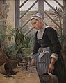 Anna Petersen, 'Bretagne-pige ordner planter i et drivhus', 1884