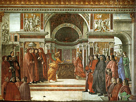 «Благовещение о рождестве Иоанна Предтечи», фреска Доменико Гирландайо в капелле Торнабуони