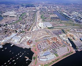 Aerial view of Cardiff Bay area (early 2000s); Bute East Dock in the background, the Bay and Roath Basin in the foreground Cardiff Bay, site of the Senedd and WMC.jpg