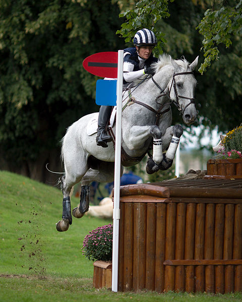 Winners of the 2010 Burghley Horse Trials, Caroline Powell and Lenamore, at the Dairy Farm during the Cross Country phase.