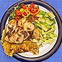 Thumbnail for File:Chicken with ginger on potato pancake, with micro greens, sweet peppers, corn, celery, and peas - Massachusetts.jpg