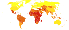 Disability-adjusted life years (DALY) lost from Childhood behavioural disorders in 2012 per million males.   549-852   853-960   979-979   987-1,174   1,183-1,232   1,232-1,232   1,248-1,472   1,474-1,558   1,558-1,795   1,802-2,262 * Countries are divided approximately by population into ten groups. * Dependencies of France, United Kingdom, United States of America, The Netherlands and Denmark are grouped with their respective countries.