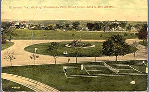 Postcard of Chimborazo Park from the early 20th Century. The card text reads: Chimborazo Park, the joy and pride of the eastern portion of the city, situated on a bluff many feet above James River, from which a beautiful view of the surrounding country may be obtained. Chimborazo Park Broad Street 32nd to 36th Streets.jpg