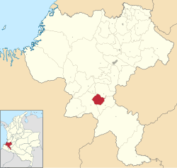 Location of the municipality and town of Almaguer in the Cauca Department of Colombia.