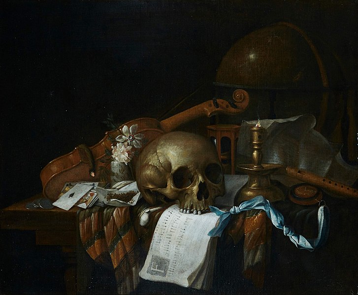 File:Cornelis Norbertus Gijsbrechts - Vanitas still life with a skull, sheet music, violin, globe, candle, hourglass and playing cards, all on a draped table.jpg