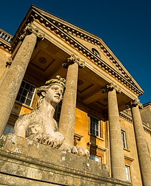 Croome Court, Upton-upon-Severn. South staircase guarded by two Coade stone sphinxes. Croome Portico 2016.jpg