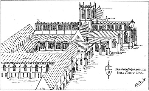 Sketch by William St John Hope showing a reconstruction of Dale Abbey as it might have been in 1500, based on the excavations of 1878. Dale Abbey partial restoration drawing 1880.jpg