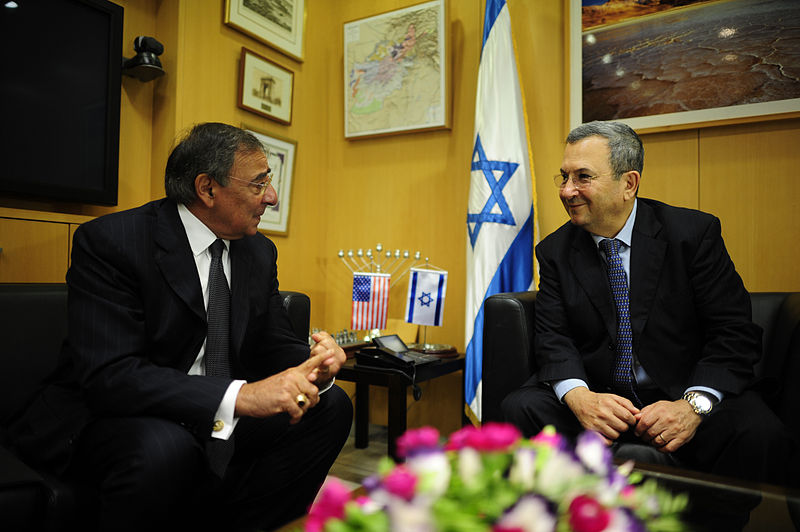 File:Defense.gov News Photo 111003-F-RG147-1262 - Secretary of Defense Leon Panetta left meets with Israeli Minister of Defense Ehud Barak in Tel Aviv Israel on Oct. 3 2011. Panetta is traveling.jpg