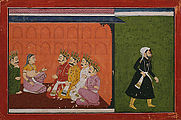 Draupadi, Lakshmin osittainen inkarnaatio, viiden Pandava-puolisonsa ympäröimänä.  Kuvitus Mahabharatalle, Intia, Punjab, 1730