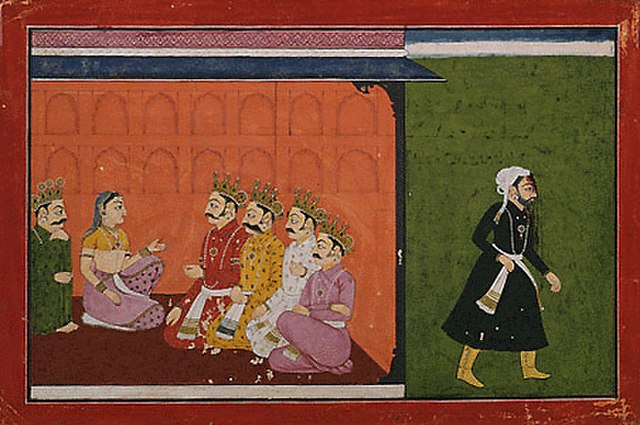 Ashwatthama (right) leaves after being forgiven by Draupadi and the Pandavas, 18th century Pahari miniature