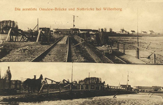 Zerstörte Stahlbrücke, provisorische Holzbrücke und Feld­bahnbrücke über die Omulwia in Wielbark (von links)